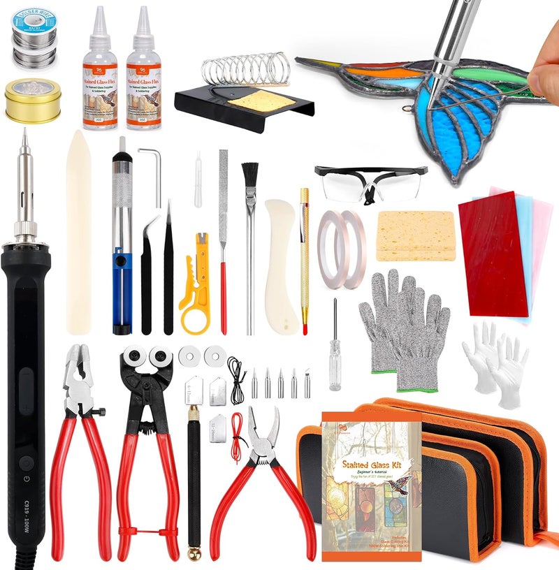 PP OPOUNT Stained Glass Kit for Beginners & Adults, Complete Stained Glass Making Kit with 100W Adjustable Soldering Iron, Glass Cutting Tools, Diamond Cutter Set & Instructions for DIY Glass Crafts - Image 1